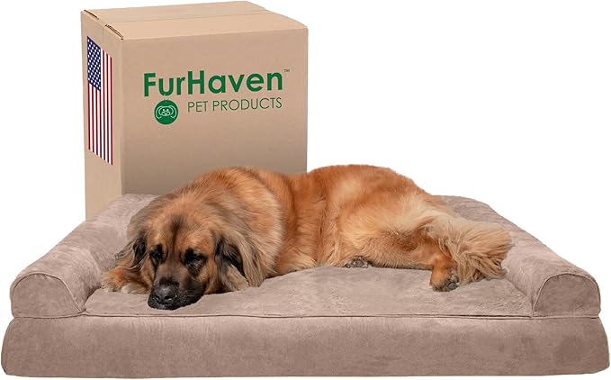Furhaven Orthopedic Dog Bed for Large Dogs w/ Removable Bolsters & Washable Cover, For Dogs Up to 125 lbs - Plush & Suede Sofa - Almondine, Jumbo Plus/XXL-Mewly Pet