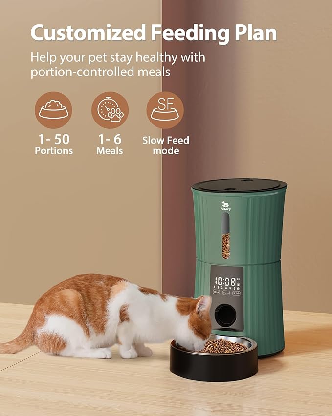 Petory Timed Automatic Cat Feeders - 4L Programable Dry Food Dispenser for Cats and Small Medium Dogs 6 Meals with Desiccant Bag Dual Power Supply 10S Voice Recorder-Mewly Pet
