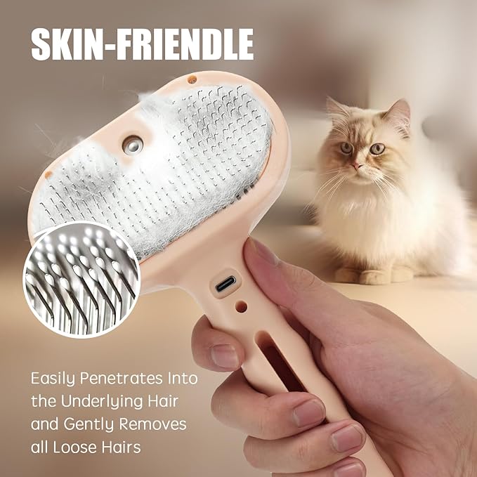 3-in-1 Pet Steam Brush, Grooming Comb with Water Tank for Cats and Dogs, Long and Short Hair (Pink)-Mewly Pet