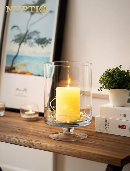 Nuptio 2 Pcs Glass Flower Vase - Large Pillar Candle Holder, 8.7in Tall Glass Cylinder Candle Holder Hurricane Ornament for Wedding Party Dining Table Home Centerpieces Housewarming Gift