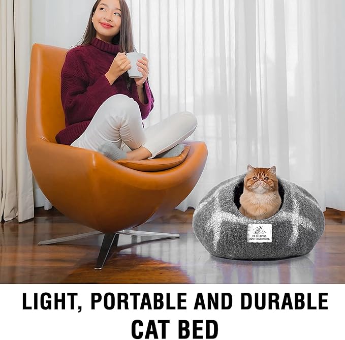 Luxurious Eco-Friendly Merino Wool Cat Cave Bed - Foldable Hideaway Pod for Indoor Cats - Premium Felt Kitten Beds - Covered Cat House for Ultimate Cozy Comfort by Woolygon-Mewly Pet