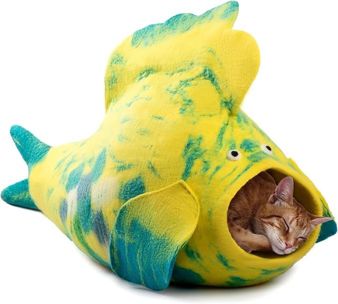 Luxurious Eco-Friendly Merino Wool Cat Cave Bed Fish Design - Foldable Hideaway Pod for Indoor Cats - Premium Felt Kitten Beds - Covered Cat House for Ultimate Cozy Comfort by Woolygon-Mewly Pet