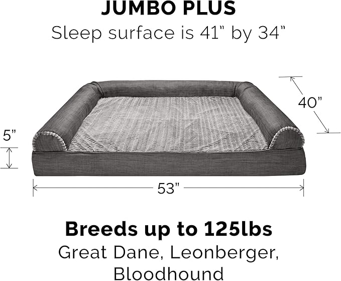 Furhaven Orthopedic Dog Bed for Large Dogs w/ Removable Bolsters & Washable Cover, For Dogs Up to 125 lbs - Luxe Faux Fur & Performance Linen Sofa - Charcoal, Jumbo Plus/XXL-Mewly Pet