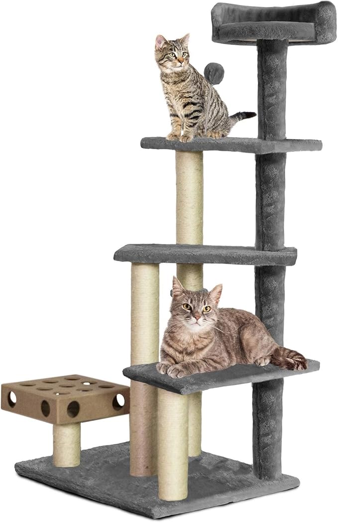 Furhaven 49.5" Tall Cat Tree for Indoor Cats, Ft. Sisal Scratching Posts, Plush Ball Toy, & Busy Box Toy - Tiger Tough Play Stairs Interactive Playground Tower - Gray, One Size-Mewly Pet