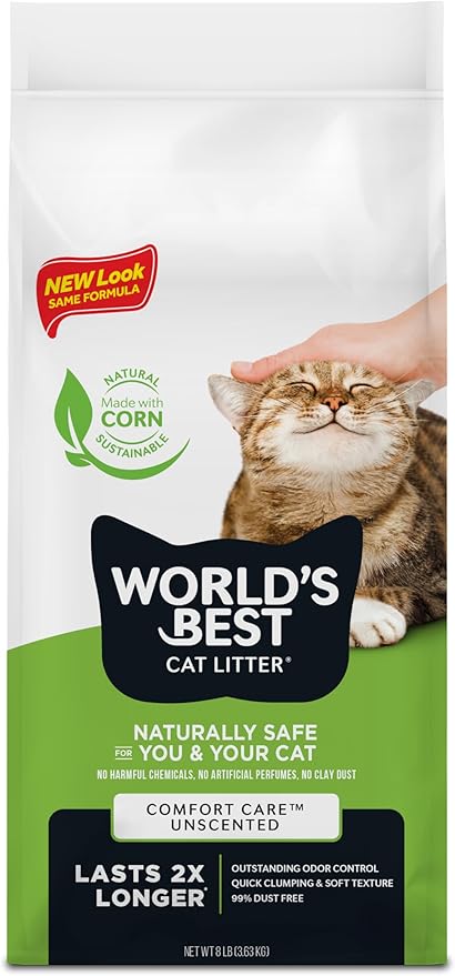 WORLD'S BEST CAT LITTER Comfort Care Unscented, 8-Pounds - Natural Ingredients, Quick Clumping, Flushable, 99% Dust Free & Made in USA - Long-Lasting Odor Control & Easy Scooping-Mewly Pet