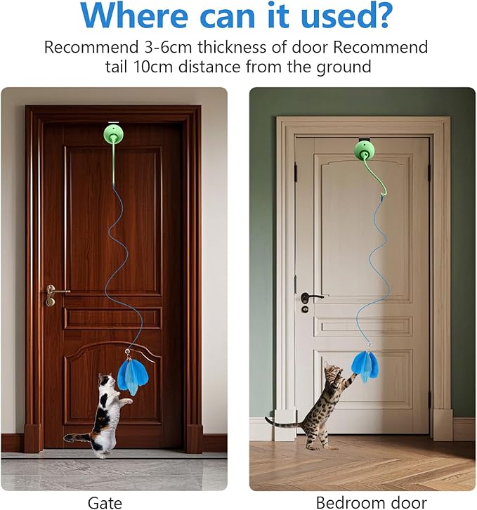Cat Toys Interactive for Indoor, Cats Toy Hanging Door Electric for Bored,Feather Toy Kitten Rechargeable Door Hanging Automatic String with 4pcs Feather Toys(Green)-Mewly Pet