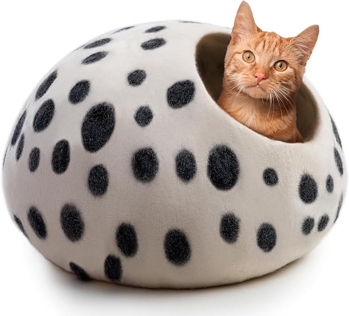 Large Wool Cat Bed Cave - Extra Warm Kitty Beds Handcrafted Kitten Caves Bed for Indoor Cats - Eco-Friendly Felt, Foldable Cat Hidewawy Covered Cat House Pod-Mewly Pet