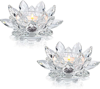Crystal Lotus Flower Tealight Candle Holders/Glass Tea Light Candlestick Decor Decoration for Christmas Home Wedding Party… (Clean 2pcs)