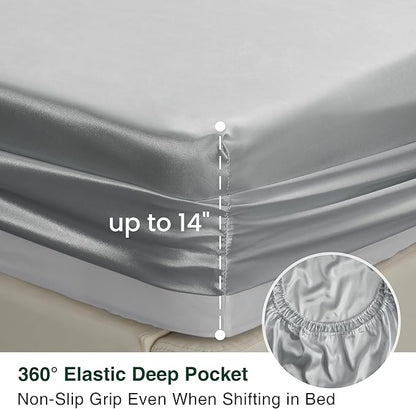 Love's cabin Satin Queen Sheets Set - 4 Piece Silver Silky Bed Sheets with Deep Pocket, Luxury Silk Feel Satin Queen Size Sheet Set (1 Flat Sheet,1 Fitted Sheet,2 Pillow Cases)
