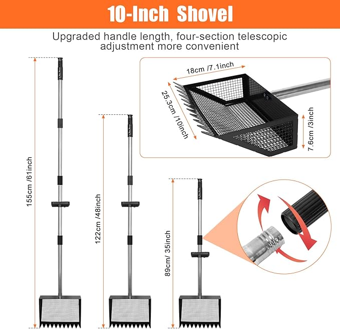 Chicken Poop Scooper and Rake with Ergonomic Handle, 2 in 1 Large Metal Chicken Coop Scoop for Poop with Adjustable Stainless Steel Pole, Sand Sifting Shovel for Chicken Coop Accessories-Mewly Pet
