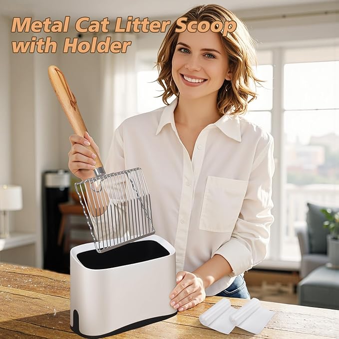Metal Cat Litter Scoop with Holder, Poop Scooper with Stand and 2 Rolls of Garbage Bags, Heavy Duty Stainless Steel Shovel with Wooden, Quick Sifter for Easy Cleaning (Long handle-9.8" with Holder)-Mewly Pet