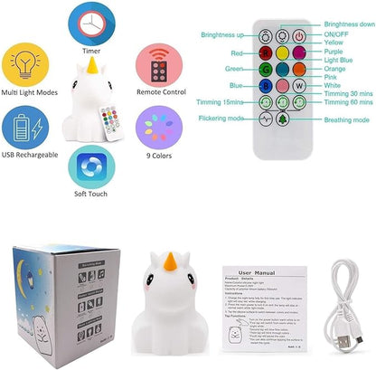 Night Light, Big Size Night Light for Kids, Bedside Multicolor Lamp for Children, Remote&Touch Control, Break Resistant, Adjustable Brightness & Color, Timing Function - Large Unicorn
