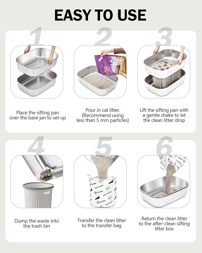 Stainless Steel Sifting Litter Box with Lid, Metal Litter Pan with Scoop for Big Cats Multi Cat, Extra Large Cats Litterbox Odor Control Easy Clean-Mewly Pet