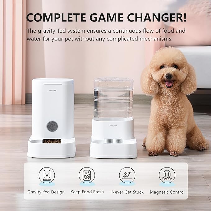 PAWGETHER® 2 Pack Gravity Cat Feeder and Water Dispenser 1 Gallon/3.5L Automatic Cat and Dog Feeder and Waterer with Pet Food Bowl for Puppy Kitten-Mewly Pet