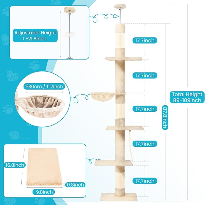 Cat Tree 5-Tier Floor to Ceiling, 89-109 Inch Adjustable Height Cat Tower with Cozy Hammock, Cat Climbing Tree for Indoor Cats, Beige-Mewly Pet