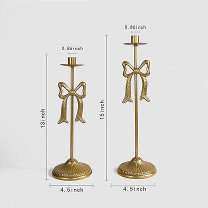 Bow Taper Candle Holders, Set of 2 Candle Stick Holders Set, Modern Decorative Centerpiece for Table Mantel Wedding Housewarming Gift (Vintage Gold)
