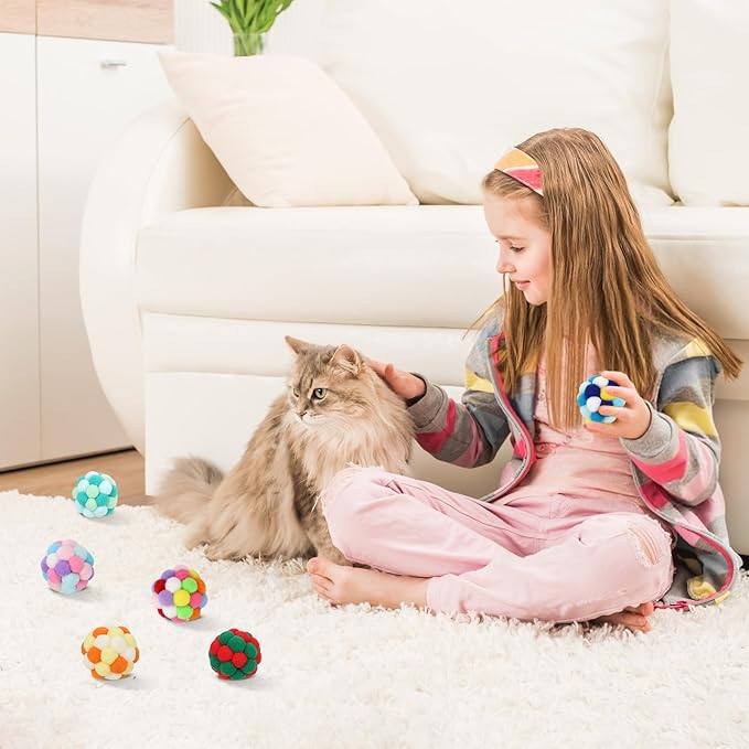 TUSATIY Interactive Cat Ball Toy, 6PCS Fuzzy Kitty Balls with Bells,Cats Pom Pom Balls for Kittens to Keep Busy,Colorful Cat Chew Toys for Indoor Cats-Mewly Pet