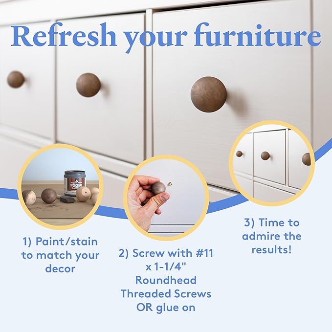 Natural Wood Drawer Pulls, 1.25 Inch Round Knobs, Pack of 25 Unfinished Ball Shaped Cabinet Pulls for Nursery Dresser, Door and Crafts