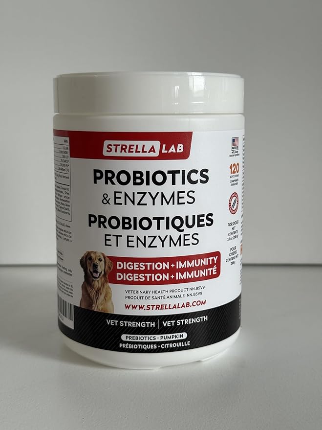 STRELLALAB Vet Strength Dog Probiotics Treats - 1 Billion CFU + Digestive Enzymes + Prebiotics - Chewable Fiber Supplement w/Pumpkin - Allergy, Diarrhea, Gas, Constipation, Upset Stomach Relief-Mewly Pet