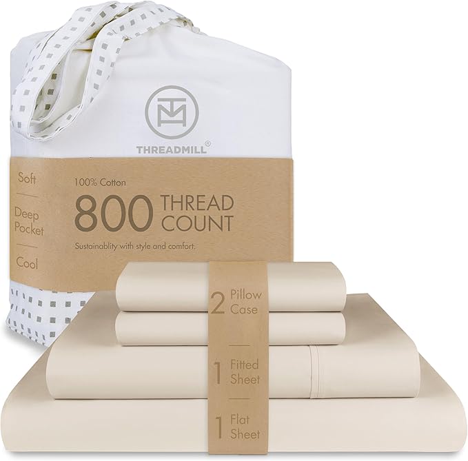 Threadmill Luxury 800 Thread Count Queen 100% Cotton Sheets - Light Beige Sateen Weave Bed-Sheets, Better Than Egyptian Cotton,4 Pc Solid Soft Bedding Set, Fits 16" Deep Pocket