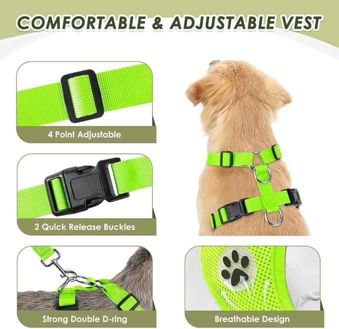 SlowTon Dog Seat Belt Harness for Car, Dog Car Harness Adjustable Mesh Breathable & Dog Seatbelt Safety Tether with Elastic Bungee for Small Medium Large Pets(Lime, Double Clip, XXXS)-Mewly Pet