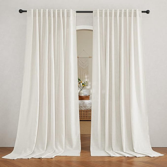 RYB HOME Farmhouse Sheer Curtains 108 inch Length, Semi Sheer Curtain & Drapes Large Window Dressing Lights & Winds Filter for Bedroom Home Office Living Room, Linen, W 70 x L 108 inch Long, 1 Pair