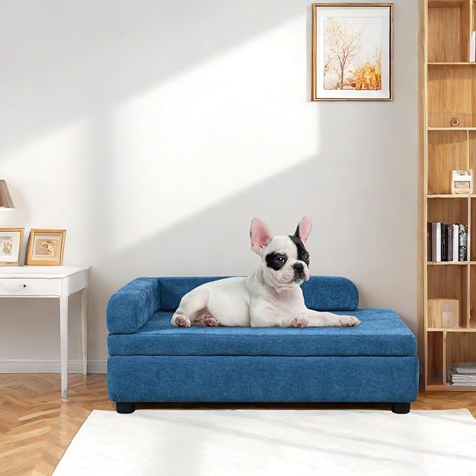 AFBKSS&BB Pet Sofa with Hidden Storage for Puppy and Cat,Linen Fabric Dog Sofa,Cat Couch with Wooden Frame (Blue)-Mewly Pet
