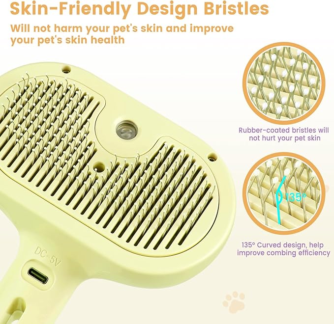 3 in 1 Cat Steam Brush, Pet Spray Hair Removal Comb for Shedding & Grooming, Water Brush for Cats Dogs Small Animals Long Short Haired with One-Click Release Button(Yellow)-Mewly Pet