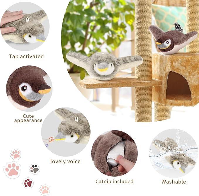 2 PCS Cat Toys, Flapping Bird Cat Toy(No Flying), Interactive Catnip Toy with Catnip Bags, Chirping Noise Moving Wings Dog Cat Kitten Toys, Flappy Flying Pets Toy for Indoor(Brown&Gray Sparrow)-Mewly Pet