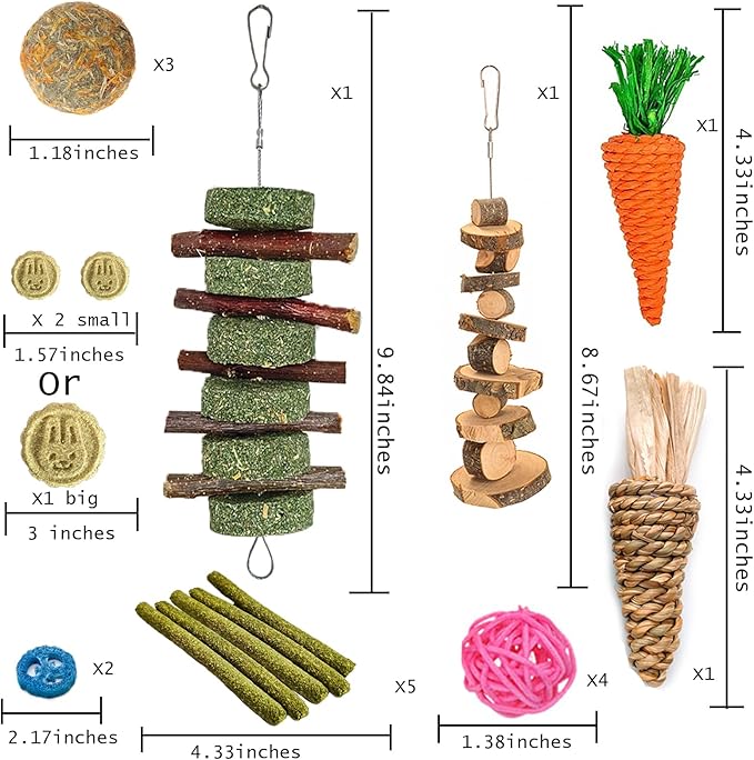 Grddaef 20 PCS Bunny Chew Toys for Teeth, Natural Rabbit Toys Apple Wood Grass Timothy Sticks Chew and Treat for Guinea Pigs Hamster Chinchillas-Mewly Pet