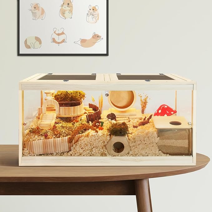 Prolee Hamster Habitat Chewproof,Wooden Hamster Cage with Openable Metal Mesh Top,Gerbil Cage with Lock Design for Hamster House (32"x16"x16")-Mewly Pet