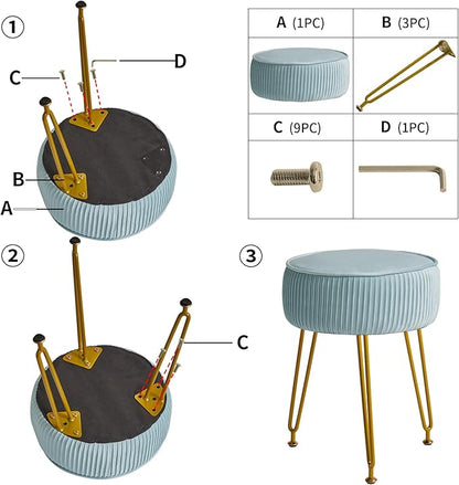 IBUYKE Velvet Round Footrest Stool Ottoman, Makeup Vanity Stool Side Table, Velvet Dressing Table Seat, Pouf Couch Stool, Golden Steel Legs, Blue LG-30H