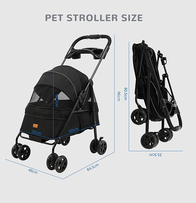 4 Wheels Pet Stroller,One-Click Folding Portable Folding Dog Cat Stroller,Sunshade, Storage Bag, Waterproof Oxford Fiber，Breathable and Visible Mesh for Small/Medium Pets up to 33 lbs,Black ﻿-Mewly Pet