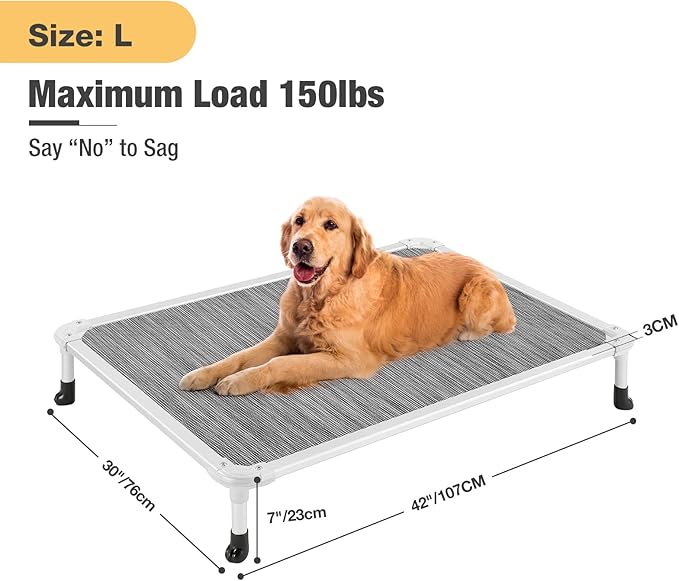 Veehoo Chew Proof Elevated Dog Bed - Cooling Raised Pet Cot - Silver Aluminum Frame and Durable Textilene Mesh Fabric, Unique Designed No-Slip Feet for Indoor or Outdoor Use, Black Silver, Large-Mewly Pet