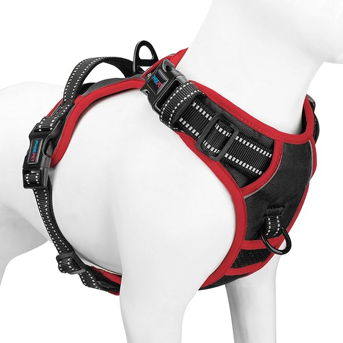 PHOEPET 2019 Upgraded No Pull Dog Harness, Reflective Adjustable Vest, with a Training Handle + 2 Metal Leash Hooks+ 3 Snap Buckles +4 Slide Buckles(XL, Black)-Mewly Pet