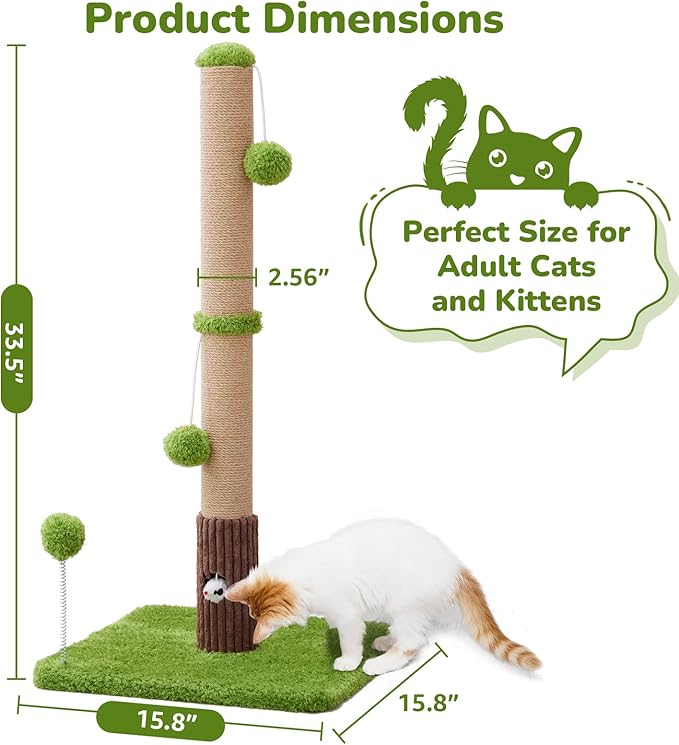 33" Tall Cat Scratching Post for Indoor Cats, Premium Sisal Scratch Posts with Cat Toys and Fun Mouse Holer for Cats at All Ages, Scratcher Tree with Reinforced Stable Base (Green)-Mewly Pet