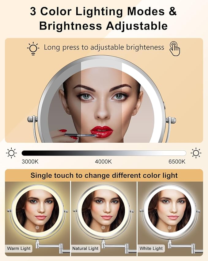 DECLUTTR Rechargeable Wall Mounted Makeup Mirror, 8 Inch 1X/10X Magnifying Mirror with 3 Color Lights, Dimmable LED Lighted Makeup Mirror with Double Sided