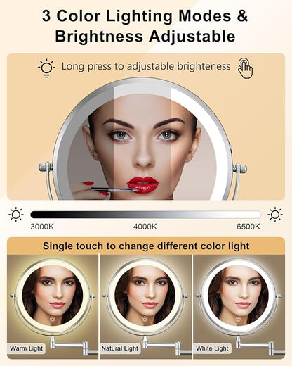 DECLUTTR Rechargeable Wall Mounted Makeup Mirror, 8 Inch 1X/10X Magnifying Mirror with 3 Color Lights, Dimmable LED Lighted Makeup Mirror with Double Sided