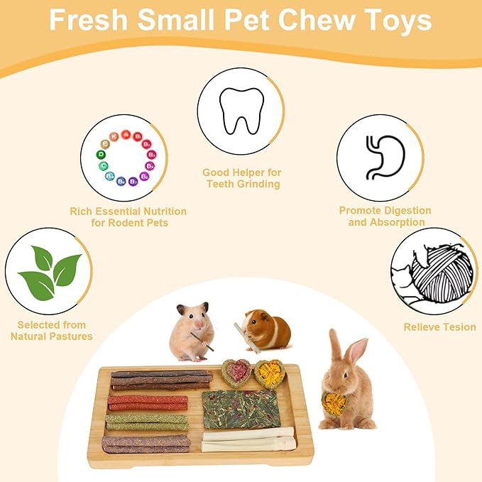 65PCS Rabbit Bunny Guinea Pig Chew Toys Treats, Chinchilla Hamster Chews Toys for Teeth, Timothy Hay Chips Treats Sticks for Rabbit Guinea Pig Chinchilla Hamster Rat-Mewly Pet
