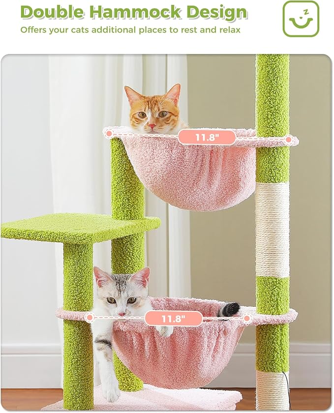 Pink Cat Tree, 47.6" Cat Tower with 2 Metal Frame Hammock, Cat Scratching Post for Indoor Cats with 2 Removable Pompom Sticks for Kittens, Pink-Mewly Pet