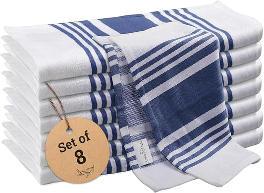 Urban Villa Dish Cloth 100% Cotton Pack of 8, Highly Absorbent Quick Drying Soft Premium Dish Towels for Kitchen with Hanging Loop Hand & Tea Towels - 12x12 Inch, (Indigo Blue & White, Striped)