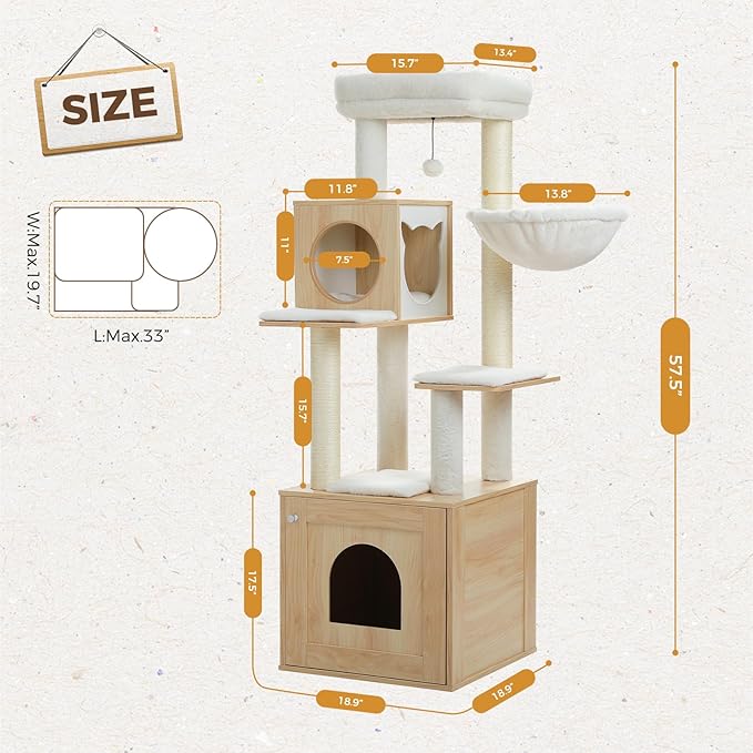 PEQULTI 57.5" Cat Tree with Litter Box Enclosure Large, Wood Cat Tower for Indoor Cats with Storage Cabinet and Cozy Cat Condo, Sisal Covered Scratching Post and Repalcable Dangling Balls, Beige-Mewly Pet