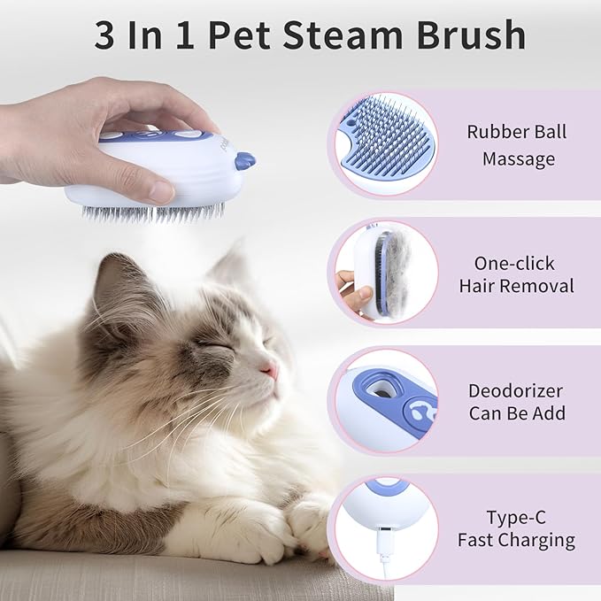 Cat Steam Brush, 3-in-1 Pet Steam Brush for Cats Shedding & Grooming, Brushes for Indoor Cats, Anti-Static Hair Removal Comb with Water Tank, Gentle Grooming Supplies for Long & Short Hair-Mewly Pet