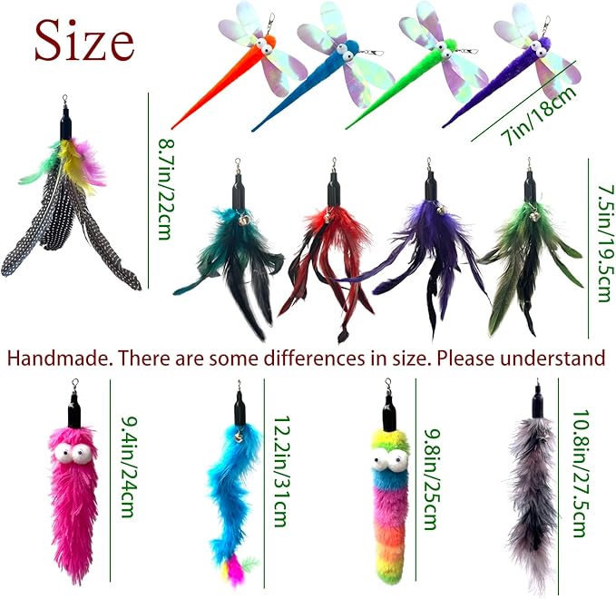 Cat Worm & Dragonfly Teaser Wand Attachments - 13 Pcs Assorted Refills with Bell-Mewly Pet