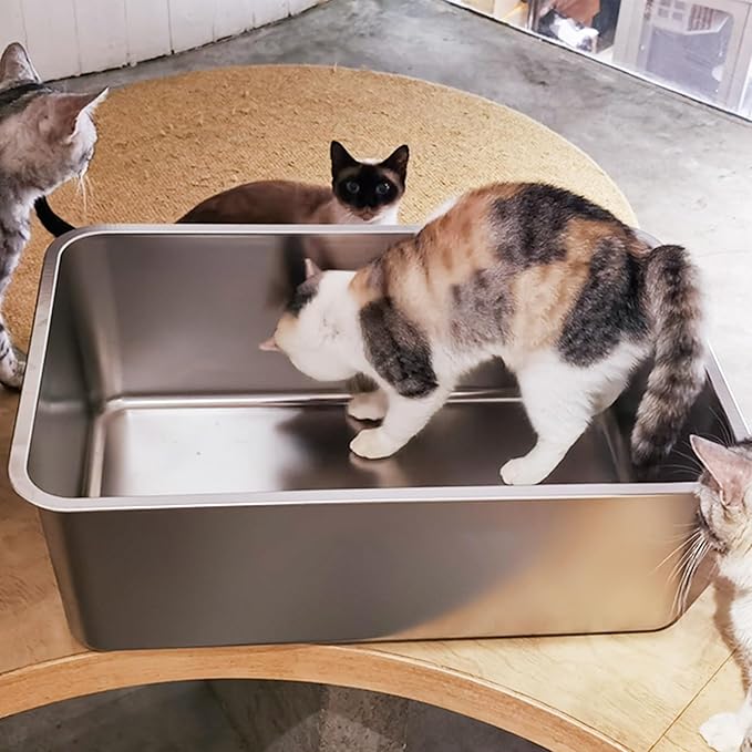 LIHONG Stainless Steel Cat Litter Box,Extra Large Metal Litter Box for Big Cats Kitty Rabbits,No Smell,Non Stick,Easy to Clean(24" Lx16 Wx8 H,XL)-Mewly Pet