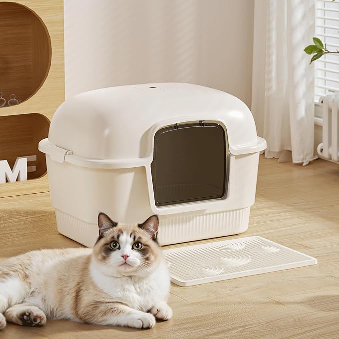 Cat Litter Box with Litter Mat and Scoop,High Wall Enclosed Cat Litter Boxes for Anti-Leakage, Covered Kitty Litter Box with Handle and Buckles for Portability and Privacy, Odor Control (White)-Mewly Pet