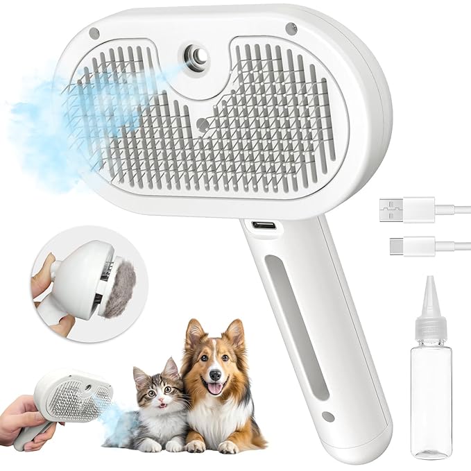 Cat Steam Brush for Shedding, 3 In 1 Steam Pet Brush Self Cleaning, Dog Brush for Long and Short Hair Dogs and Cats, Pet Grooming Comb Remove Tangled Loose Hair, Type-C Fast Charging (White)-Mewly Pet