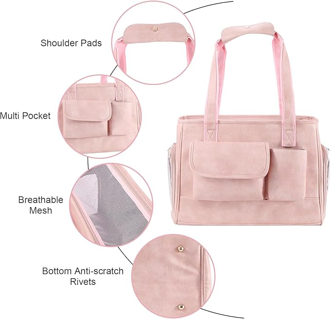 Dog Carrier Purse, Fashion Leather Pet Carrier Bag, Airline Approved Soft Sided Cat Travel Tote Bag with Pockets Pink-Mewly Pet