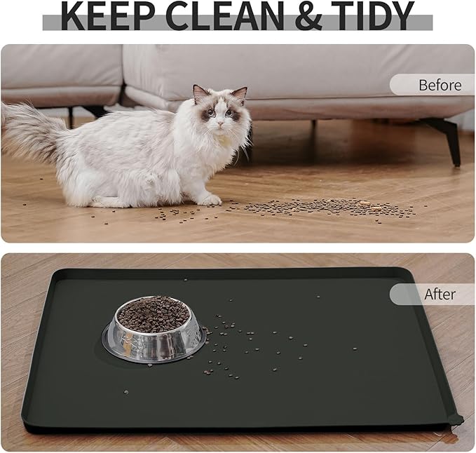 Waterproof Pet Feeding Mat with High Raised Edges, Heavier and Thicker Placemats for Cat Dog Water Bowl with BPA Free, Dogs Cats Food Mats for Messy Drinkers to Prevent Spill and Protect Floors-Mewly Pet