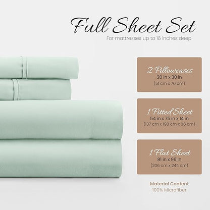 Linen Market Double-Brushed Microfiber Full Sheet Set 4 Piece – Oeko-TEX Certified Ultra Soft & Wrinkle-Free - 16" Deep Pocket Sheets - Easy Care Full Size - Mint
